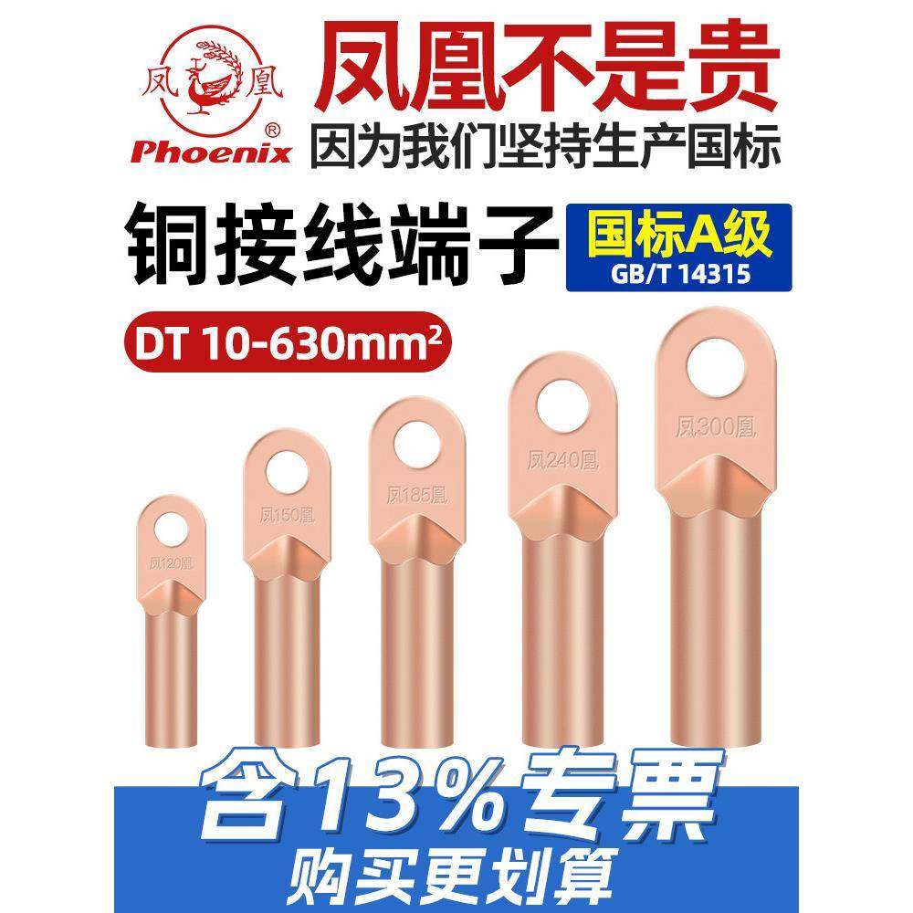 凤凰DT正品国标A级铜接线端子10平方紫铜电线鼻直接头线耳铜鼻子