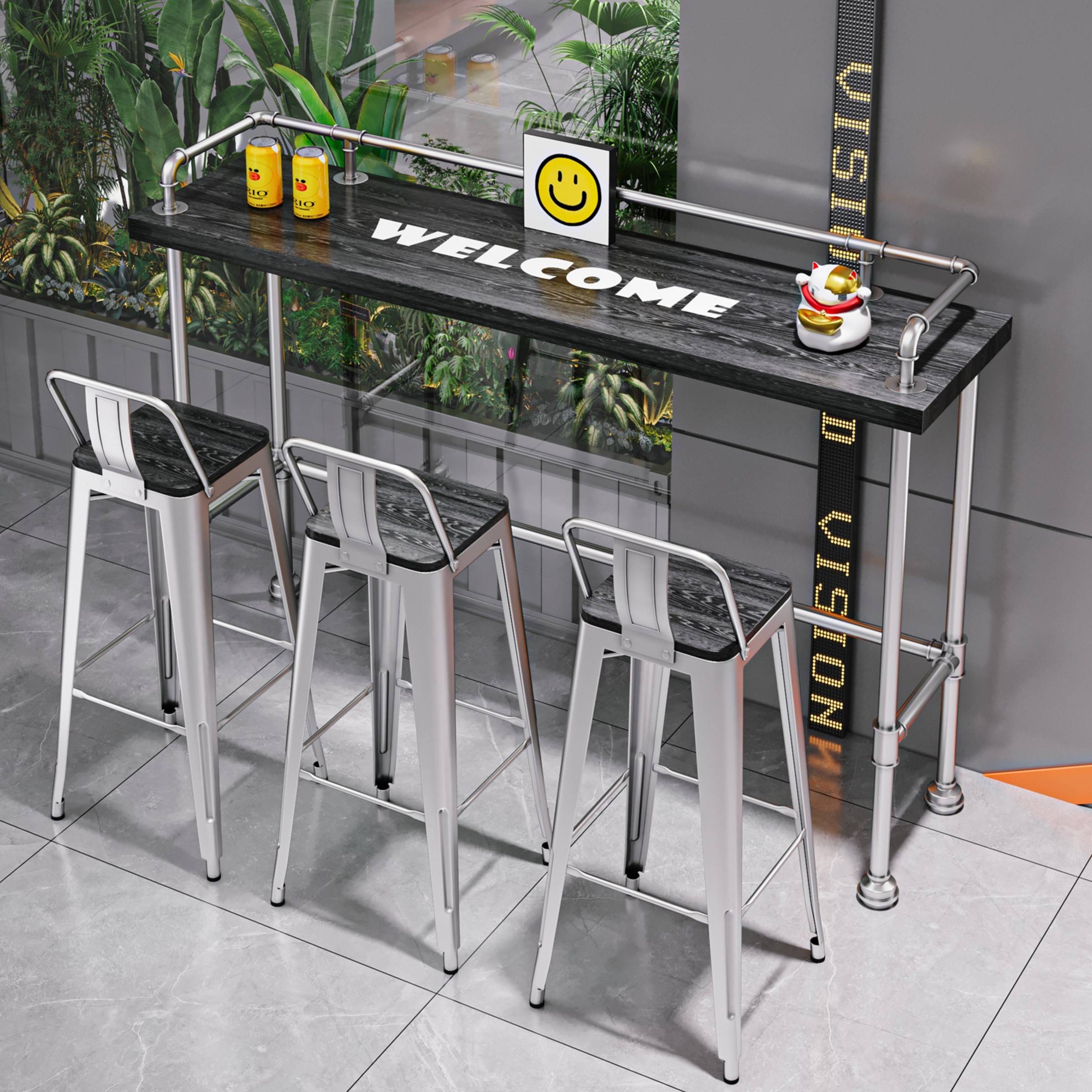 需定制工业风创意水管实木桌椅组合酒吧甜品奶茶店靠墙高脚小吧台