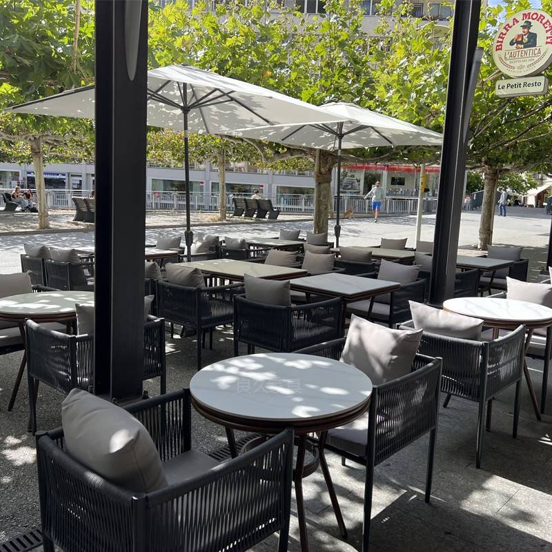 需定制瑞士咖啡厅室内柚木编绳餐椅餐桌定制咖啡馆户外家具外摆餐