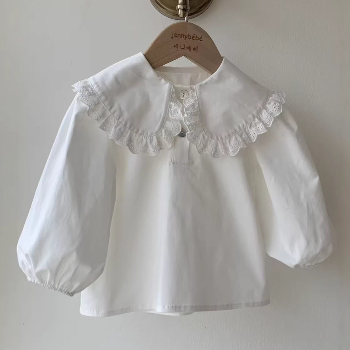 2026春新款公主气质白色大翻领衬衫 韩版女童长袖T恤衫婴儿上衣