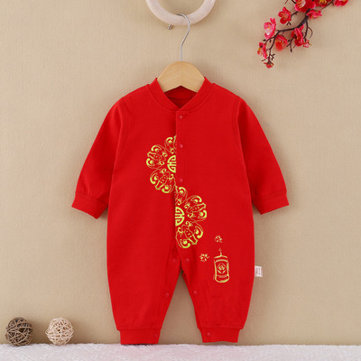婴儿红色满月服薄款连体衣宝宝百
