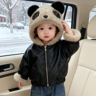 加厚外套韩版 男女童洋气时尚 PU皮加绒保暖外衣 冬款 w348小浣熊新款