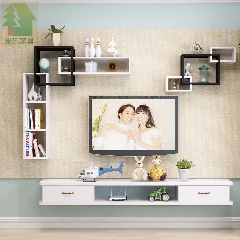 实木墙上置物架客厅壁挂电视柜背景墙装饰隔板悬挂简约组合收纳架