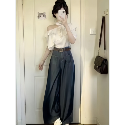 韩系一整套ootd穿搭露肩荷叶边上衣高腰阔腿裤女夏两件套显瘦套装