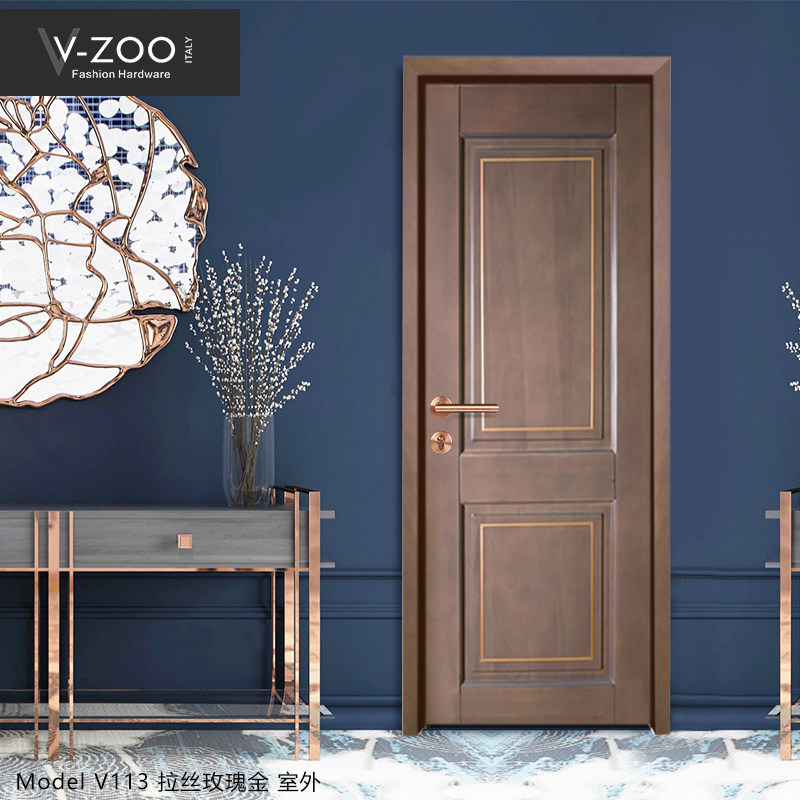 vzoo304不锈钢卧室门锁拉丝玫瑰金房门把手金色室内静音木门拉手