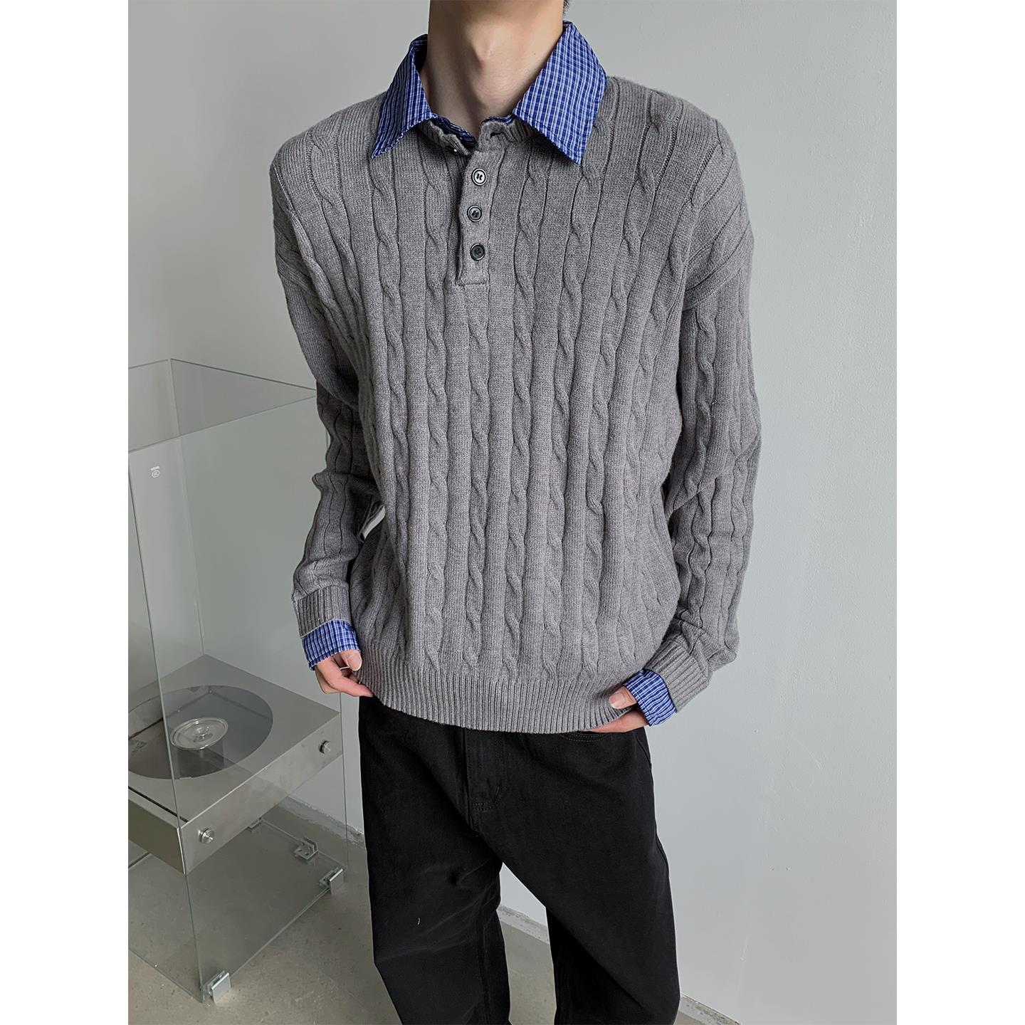 YKE美式假两件v领毛衣男慵