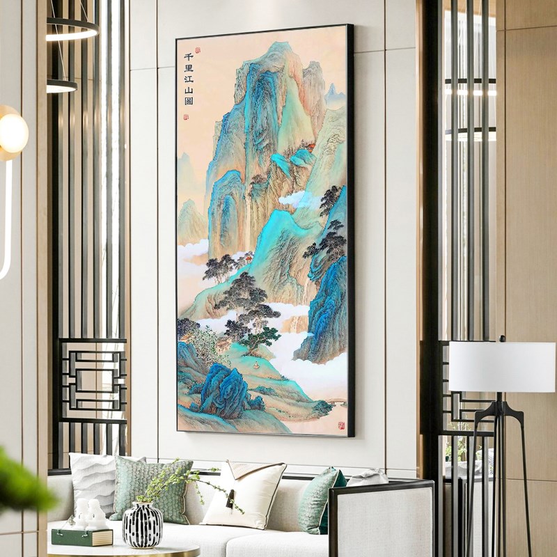 千里江山图十字绣2024新款线绣客厅玄关新中式竖版风景画手工刺绣