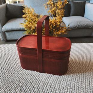 竹篮手提篮竹编带盖子古典双层野餐篮拜佛拜神祭祖香篮红色收纳竹