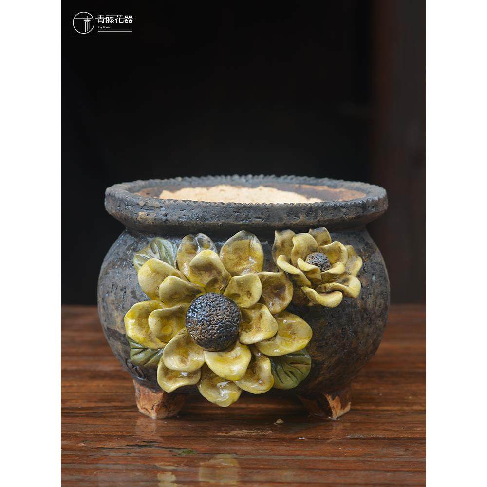青藤花器手捏粗陶麦饭石透气花盆 个性盆小红嘴多肉覆古装饰 韩式