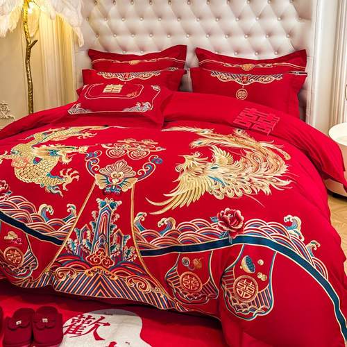 高档中式龙凤刺绣结婚四件套大红色新婚被套婚庆床上用品婚房陪嫁