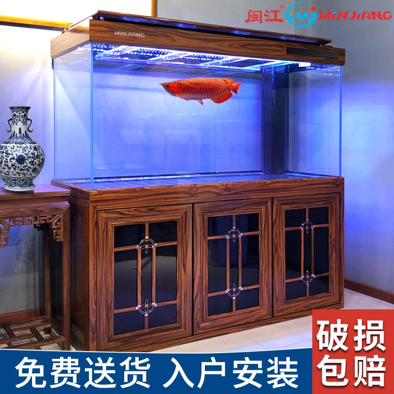 闽江大型客厅家用落地水族箱超白玻璃中式生态免换水底滤龙鱼缸
