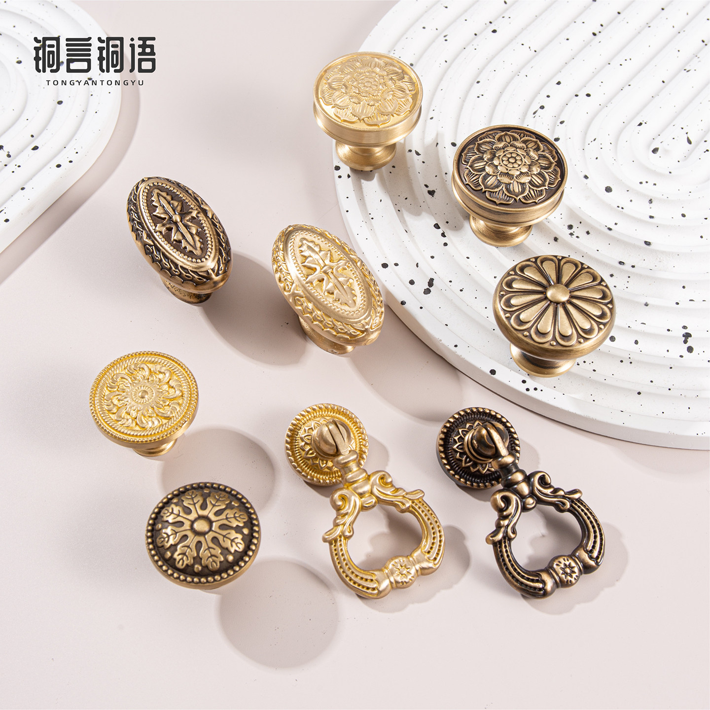 欧式复古黄铜柜门拉手雕花装饰衣柜橱柜抽屉把手轻奢金色家具五金