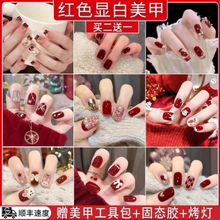 红色穿戴甲2026新款过年美甲片儿童中长短款新娘手工指甲贴片显白