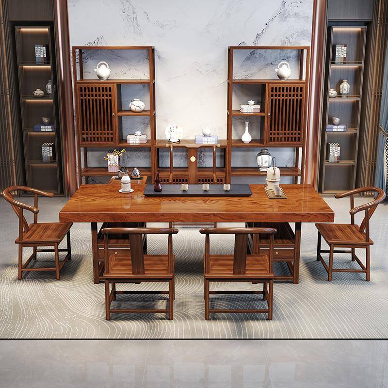 新新中茶式黑黄JUQ檀实木大板台桌椅茶水柜组合客款家厅用办公书