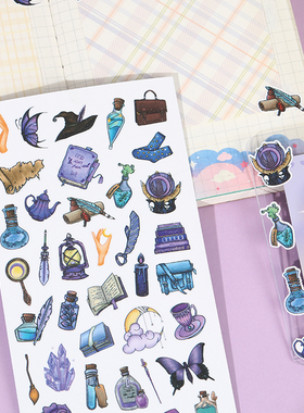 魔法月贴纸紫色风水晶蝴蝶魔幻药水帽子卡通小图案咕卡笔记本手机壳行李箱手账桌面水杯diy装饰防水贴画