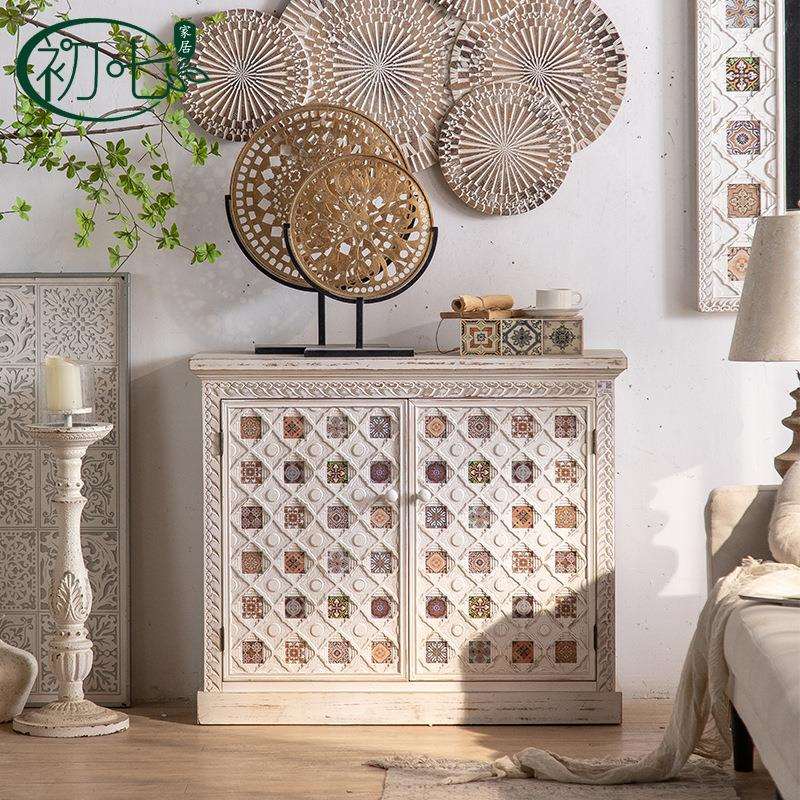 地中海风仿古彩绘对开门收纳柜摩洛哥入户玄关柜客厅斗柜餐边柜