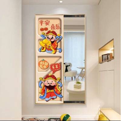 财神爷卧室装饰画玄关新款全身镜隐藏式推拉穿衣镜隐形落地镜壁画
