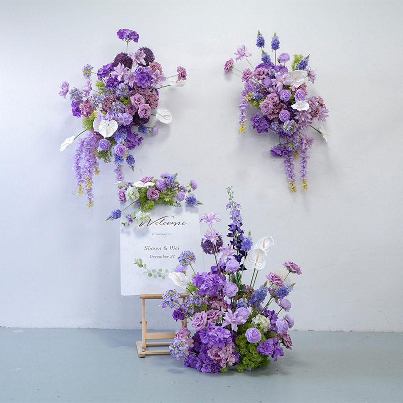 婚礼装饰紫色壁挂花艺 板墙面摄影背景布置绢花挂花地排花