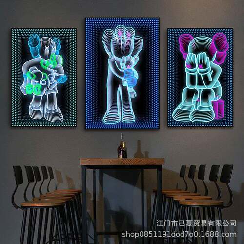 kaws公仔霓虹灯挂画酒吧电竞房间KTV装饰画潮流芝麻街LED发光画