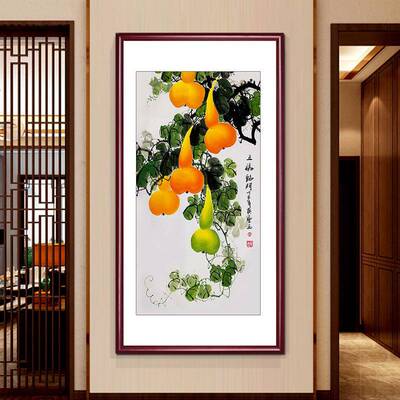 玄关饰画中式意实木禅国画民宿软装五福门客厅临过装QUK道走廊挂