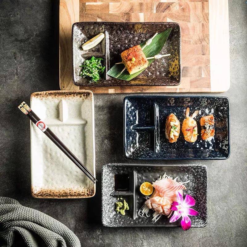 日式分隔盘家用格带蘸料碟陶瓷寿司格盘饺定量盘三子分盘子餐F77M