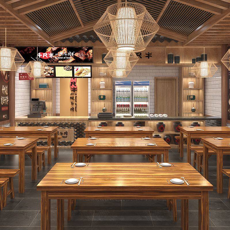 实木碳化桌椅面馆饭店小吃店桌椅快餐组合餐厅食堂实木餐桌烧烤