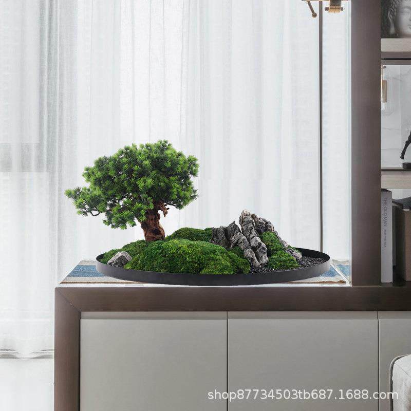 酒店新中式大景圆桌转盘山中间摆件枯水造景包厢317餐桌微花观装