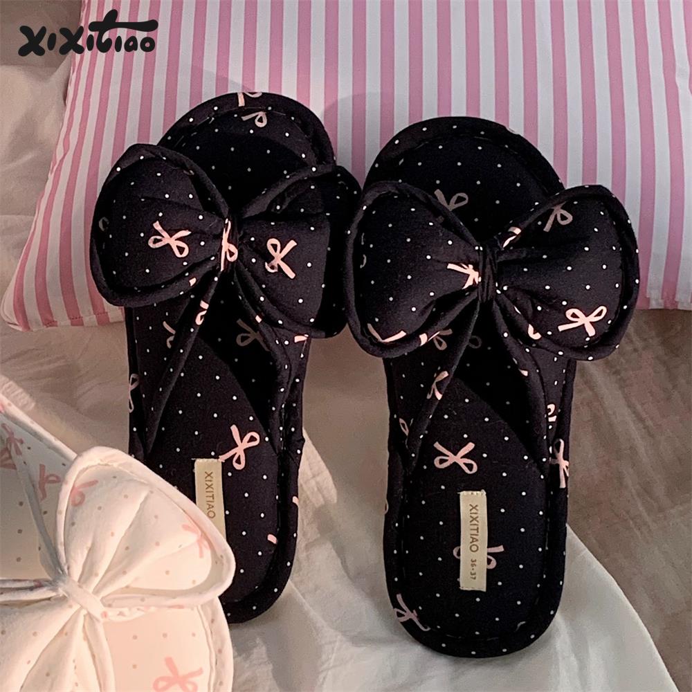 细细条 软底吸汗卧室棉麻地板鞋四季通用网红蝴蝶结亚麻拖鞋女ins