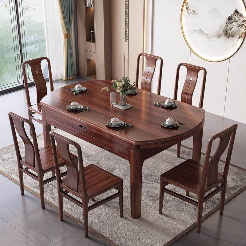 新中式乌金木全实木餐桌椅组合折叠客厅方圆两用饭桌可变圆桌伸缩