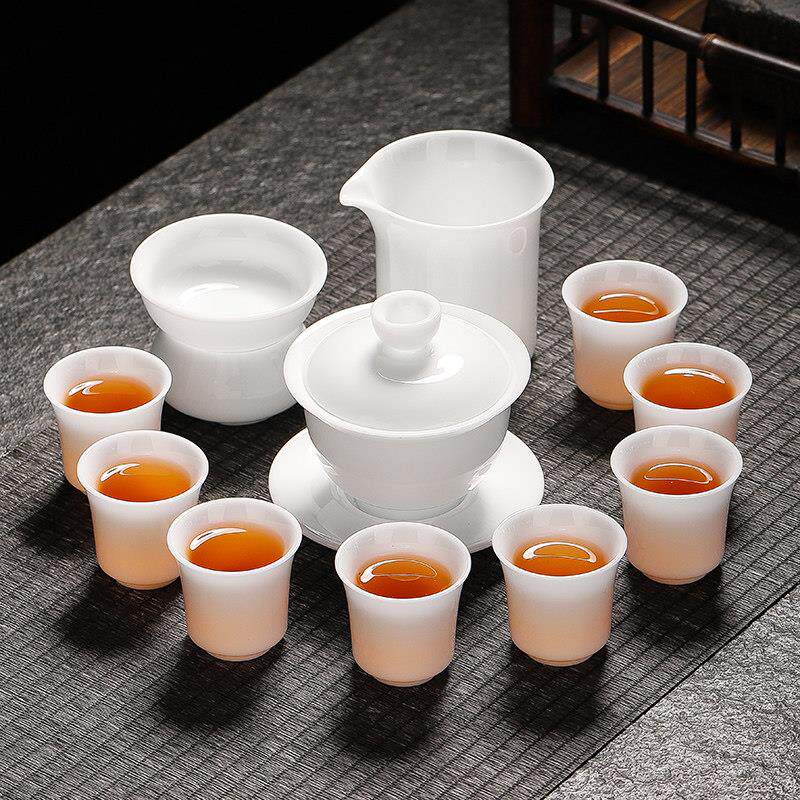 冰种羊脂玉瓷功夫茶具小套装家用泡茶轻奢高档办公室茶杯盖碗礼盒