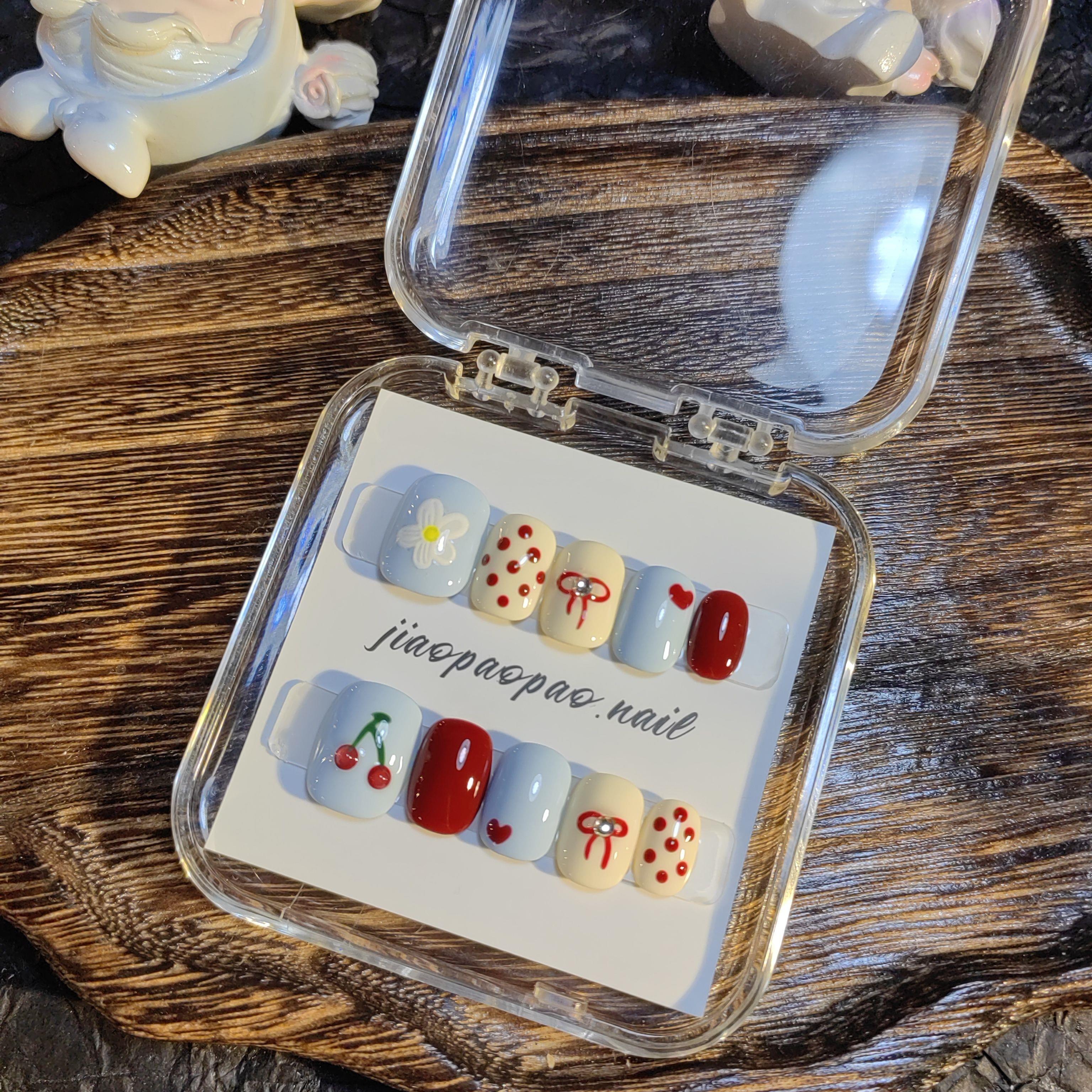 【Jiao泡泡】纯手工穿戴甲短款可爱覆古手绘波点蝴蝶结小樱桃甲片