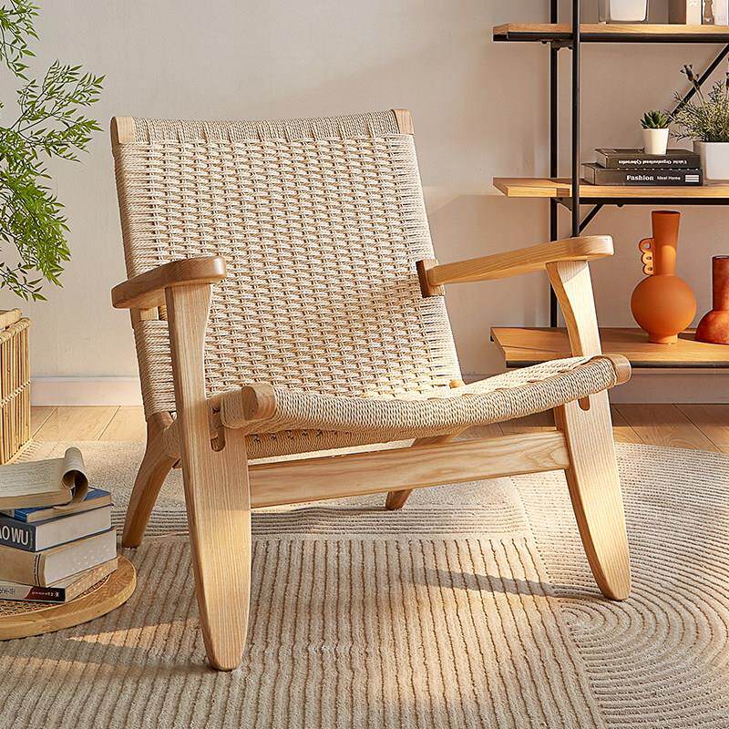 实木休闲 沙发椅阳台舒适看书椅子阅读单人客厅绳编懒人家用靠背