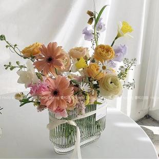 韩国 ins风简约条纹宽口玻璃花瓶北欧风大口径客厅插花醒花花器