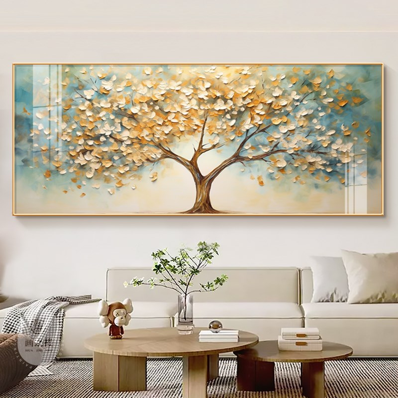 彩色发财树客厅挂画大芬油画村装饰画高档L大气横版沙发背景墙壁图片