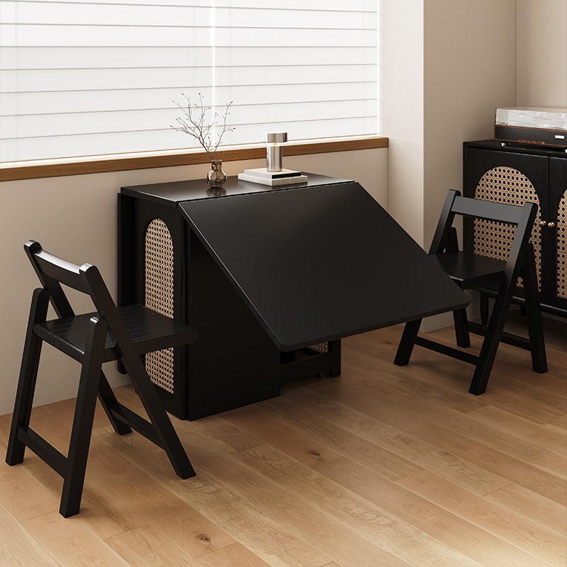 黑色长方形实木折叠餐桌椅家用小户型省空间伸缩隐藏饭桌2025新款
