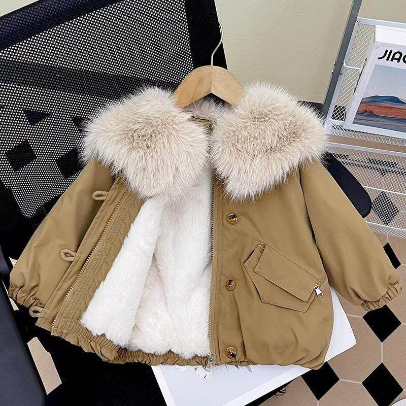 女童派克服冬装冬季新款儿童洋气加绒加厚外套女宝宝毛领棉服