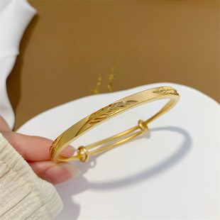 树叶羽毛磨砂镀黄金手镯女古法沙金首饰品久不掉色推拉手环镯子锡