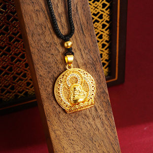 古法沙金弥勒佛圆牌项链钻豪镶铜镀金国潮吉祥锡金饰品寓意送礼