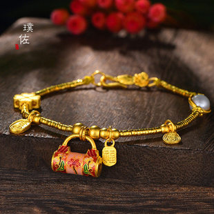 金店同款沙金繁花似锦锁包黄金手錬古法莲花平安锁覆古国风手錬女
