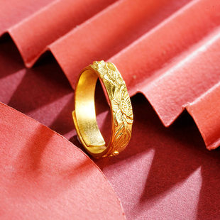 越南沙金中国风桃花女戒活口可调节古法工艺黄金戒指饰品