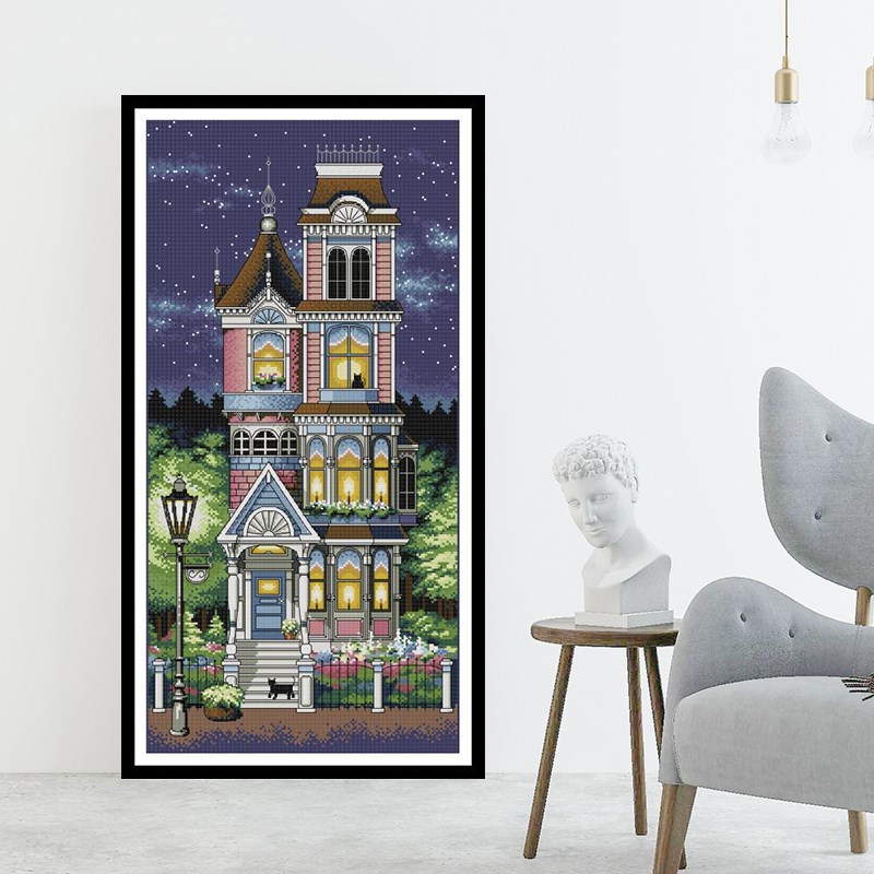 欧式风景十字绣2025年新款线绣宁静的夜晚竖款玄关廊柱手工绣挂画