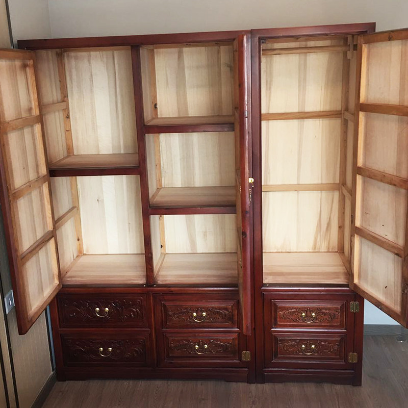香樟木实木雕花衣柜双三门卧室大容量收纳柜中式仿古红木色组合橱