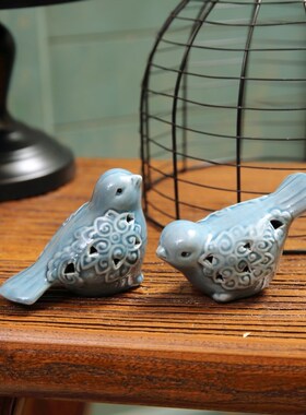 高档欧式风格镂空陶瓷釉面对鸟 样板间摆件 陶瓷摆件