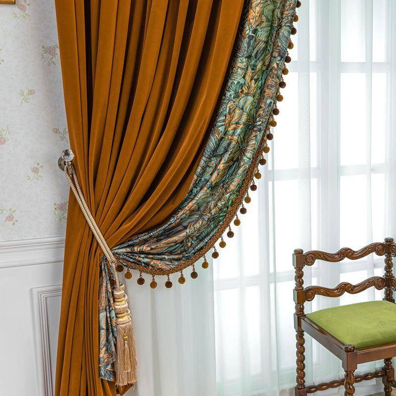 新款美式复古客厅卧室窗帘轻奢法式新古典飘窗欧式焦糖色丝绒遮光