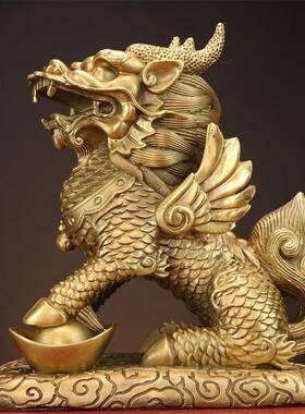 铜麒麟摆件一对公母八卦纯黄铜麒麟全铜家用卧室客厅入户门口护宅