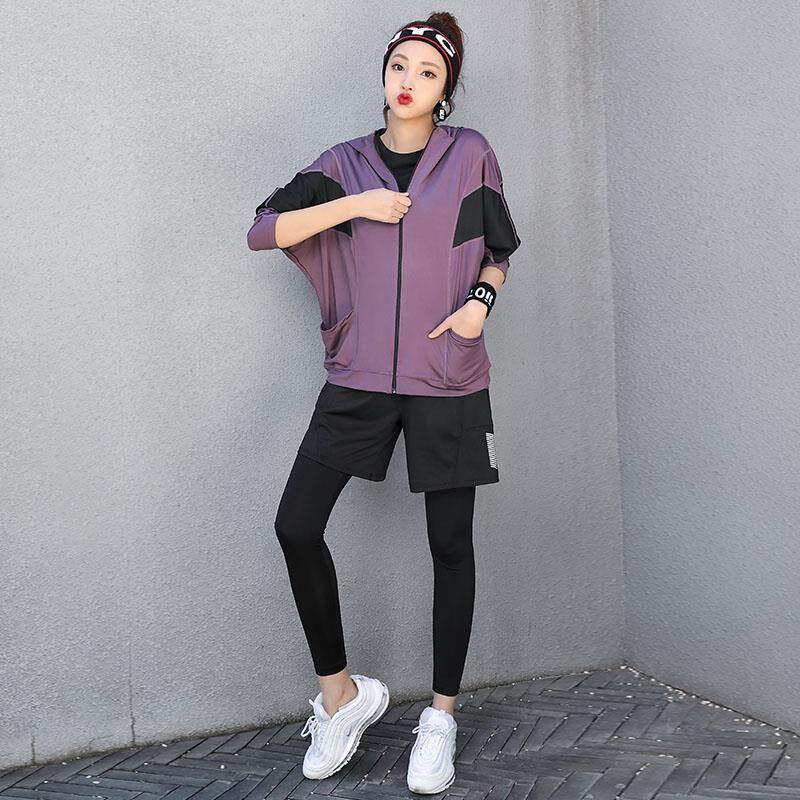 跑步运动服套装女秋冬季大码胖mm200斤宽松短裤五件套健身瑜伽服