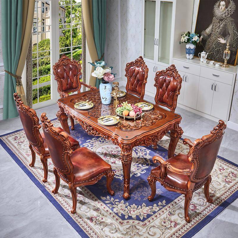 欧式餐桌椅组大理石美式古典小长2012深棕方形实木用饭桌奢华户型