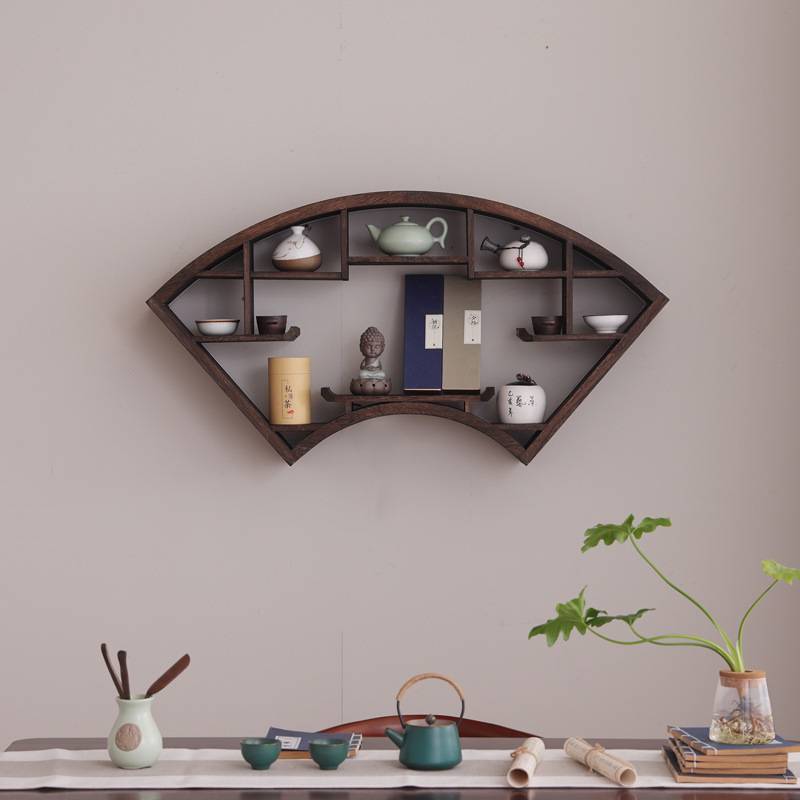 博古架壁挂式展示架 新中式实木古董摆件收纳架多宝阁茶具置物架