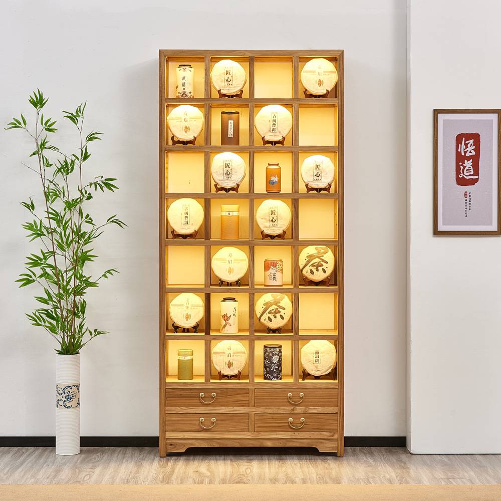 实木中式博古架展示柜茶室布置家具带灯茶具架置物架格子架茶壶架