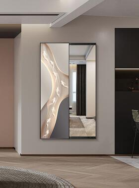入QBI户玄关饰画形隐穿装衣镜九鱼图壁画全身式镜推拉隐藏遮挡挂